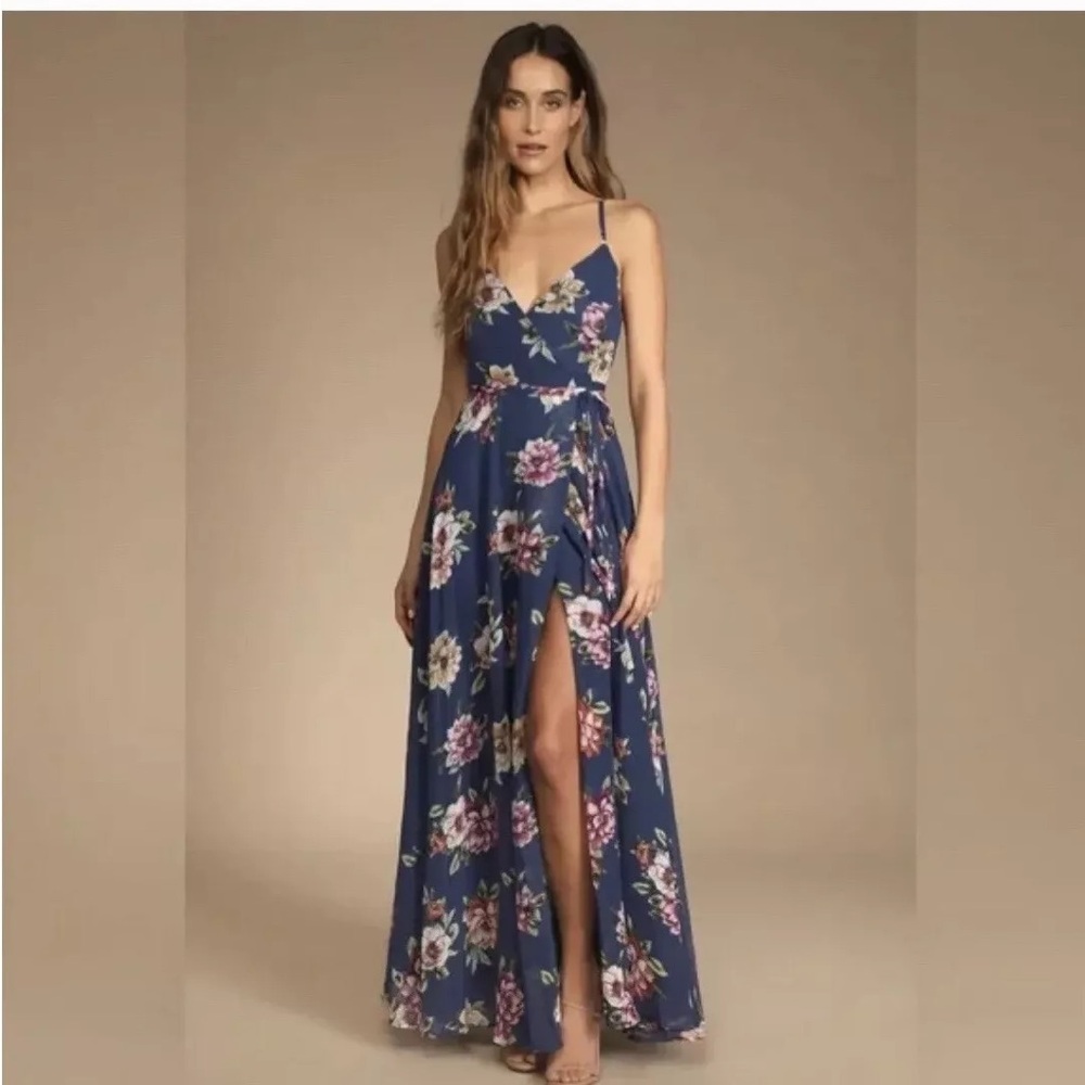 Lulu’s Always There For Me Navy Blue Floral Print Wrap Maxi Dress